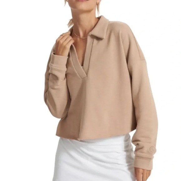 Vuori Tops - Vuori Sedona Cropped Polo Shirt Sweatshirt Raw Hem Coconut Tan Beige‎ Medium